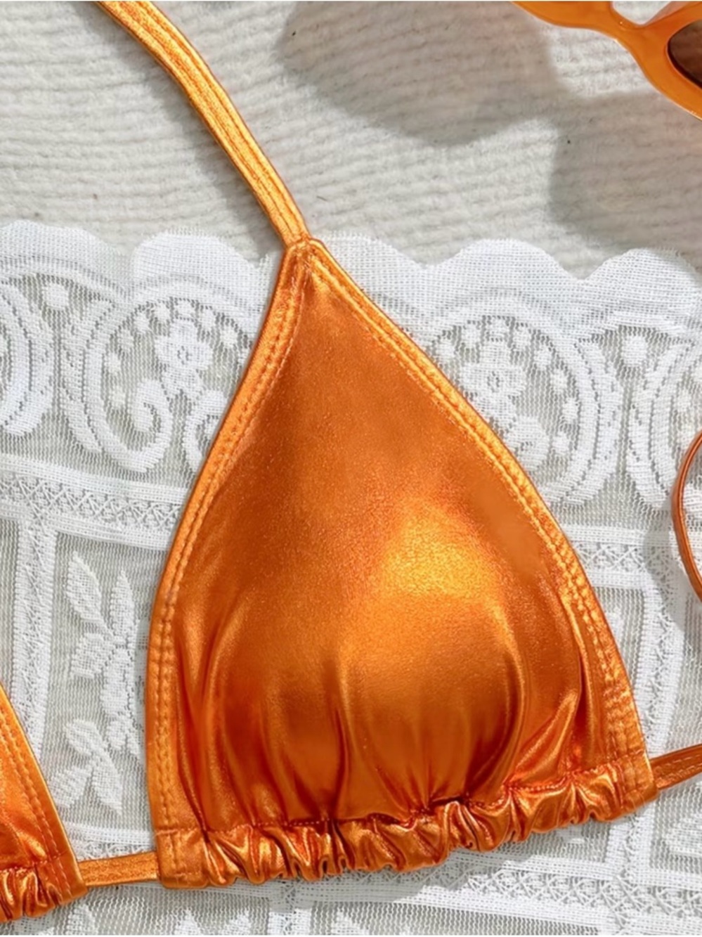 Shimmering Orange Triangle Halter Side Tie Bikini Set - Picture 6 of 9